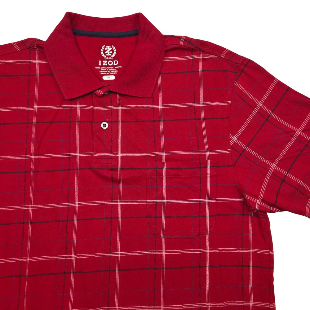 IZOD Short Sleeve‎ Cotton Polo Shirt Pocket Red Stratton Plaid Mens Medium
